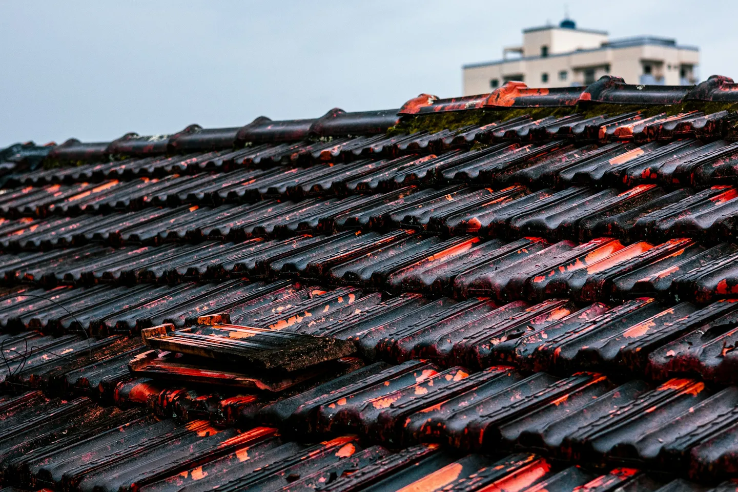 Close-up of a weathered corrugated roof surface: representative material detail